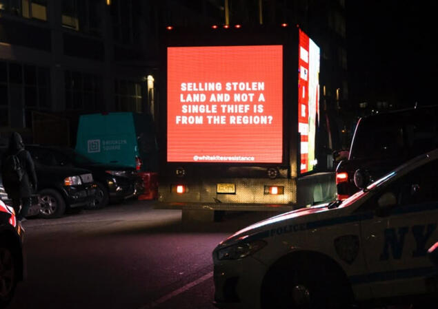 Truck by White Kites Resistance at Stolen Land Sale Protest Boro Park 2/18/25 (Credits: Ian Barlett)